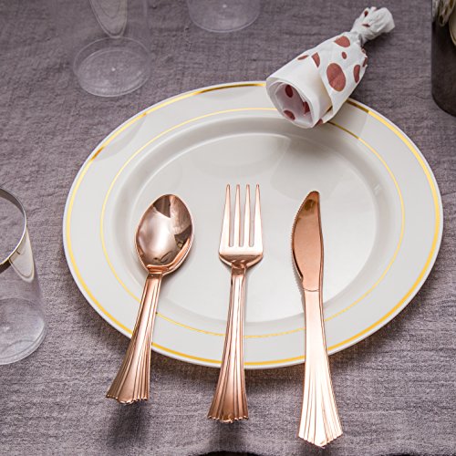 TBwisher 400 Pieces Rose Gold Disposable Flatware - Heavyweight Plastic Cutlery - Disposable Plastic Silverware Set - Includes 100 Paper Napkins, 100 Forks, 100 Spoons, 100 Knives