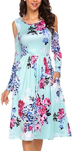 JQstar Women's Fall Shoulder Off Floral Prints Long Sleeve Basic Shift Dress (L, Green)