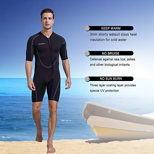 Mens 3mm Shorty Wetsuit, Premium Neoprene Front Zip Short Sleeve Scuba