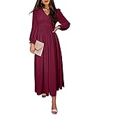 BLENCOT Womens Casual Long Sleeve Tiered V Neck Dress Pleat Ruched Ruffled Dress Solid Color Flowy Swing Midi Long Dresses