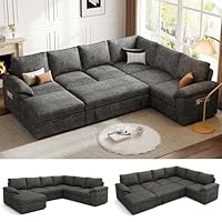 SUAWY 108 Inch Sectional Sleeper Sofa with Pull Out Bed, U Shaped 7 Seat Modular Sectional Sofa with Storage, Sectional Couches for Living Room, Cloud Modular Couch,Removable Sofa Cover, Dark Grey