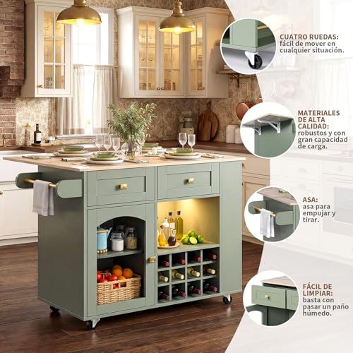 SIMPLE ESPACIO Isla de Cocina,Isla Cocina Está Equipada con una Mesa Plegable,Enchufes y Tiras de Luces,un Botellero y un Estante para Condimentos,Armarios y Cajones,Asas y Ruedas(Blanco-Verde)