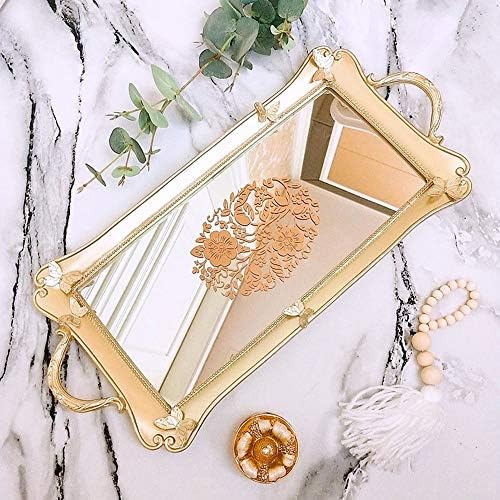 PORCN European Luxurious Carving Makeup Trays Gold Mirror Glass Resin Fruit Plate Cupcake Candy Trays Wedding Party Jewelry Tray,A