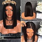 Full Lace Wigs Bob Straight Glueless Brazilian Human Hair Wigs Natural Black Color Middle Part 130% Density (14 inch, #1 Lace front wig)