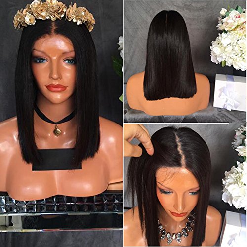 Full Lace Wigs Bob Straight Glueless Brazilian Human Hair Wigs Natural Black Color Middle Part 130% Density (14 inch, #1 Lace front wig)
