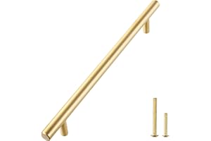 QOGRISUN 2-Pack Solid Brass Cabinet Pulls, Gold Euro Style T Bar Handles, 10-Inch Hole Center for Kitchen Drawer Dresser Cupboard, 12.6-Inch Total Length, Brushed Brass Finish
