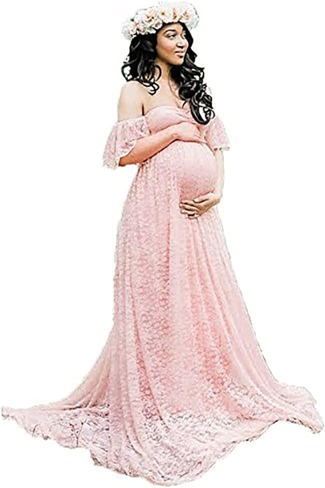 RICWINANNMaternity Maxi Dress Off Shoulder Ruffle Sleeve