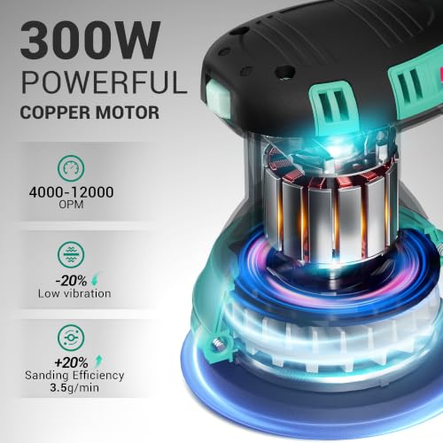 DCA Random Orbital Sander, 300W Electric Sander for Wood, 125mm 12000 OPM | Hand Sander with Dust Collector, 6 Variable Speeds, 10 Pcs Sandpapers for Woodworking Sanding DIY Polishing Home Improvements