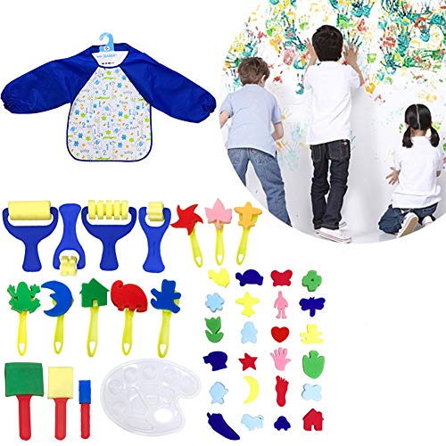 Barbella 46 Pieces Sponge Paint Craft Brushes for Toddlers Assorted Pattern, Including Children Waterproof Art Painting Smock Apron (46pcs) - Thumbnail 6
