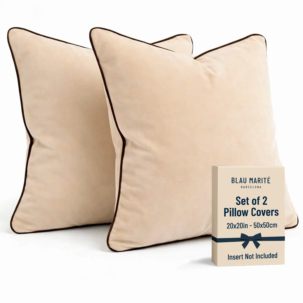Blau Marité Set of 2 Velvet Throw Pillow Covers with Contrast Piping, Soft Decorative Cushion Covers, Beige and Brown, 20"x20" (50x50 cm).