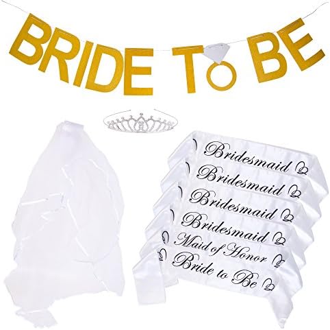 Bachelorette Party Bride to Be Kit - 6 Unique Sash for Bride, Bridesmaid and Maid Of Honor,1 Rhinestone Tiara, 1 Wedding Veil with Comb, 1 Bride To Be Banner (WHITE)