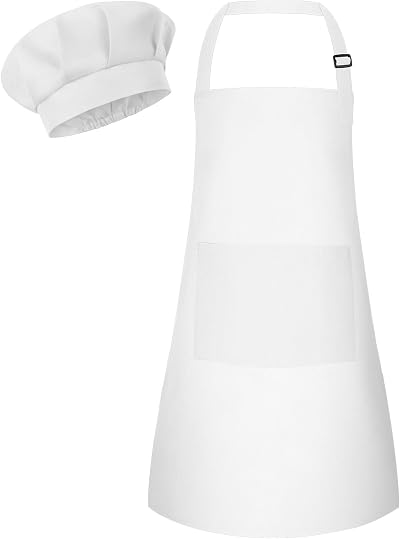 Bouiexye Kids Apron and Chef Hat Set Adjustable with 2 Pockets White