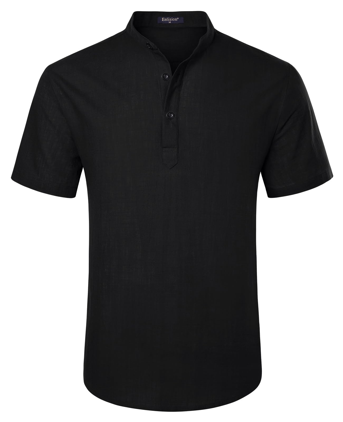 Enlision Herren Hemd Kurzarm Schwarz Baumwolle Leinenhemd Leichtes Sommerhemd Ohne Kragen Freizeithemden für Herren Henley Shirt Regular Fit L 9