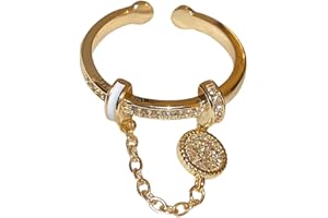 HEBELEE CZ Round Chain Promise Statement Ring for Women Golden Dainty Created Crystal Disc Tassel Dangle Drop Open Wrap Finger Rings Adjustable Comfort Fit Fashion Wedding Birthday Holiday Jewelry Gift