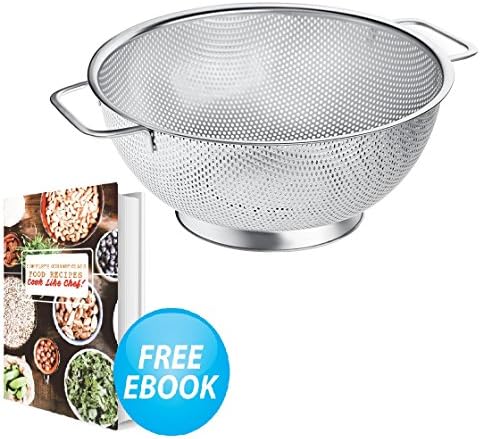 [UPGRADED PACKAGING] Micro Perforated Stainless Steel Colander, 5 Quart Strainer Basket for Pasta Noodles Spaghetti Fruits Vegetables Beans with Heavy Duty Handles and Self Draining Solid Ring Base