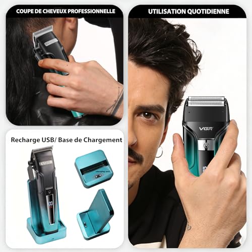 VGR 694 Professional Men's Hair Clipper Kit, Wireless Beard and Hair Trimmer with Magnetic Charging Station, Barber Kit Equipped Ceramic Blades and LED Display, Green