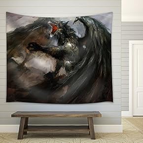 federed Winged Dragon Attack Illustration - Fabric Wall Tapestry Home Decor - 51x60 inches