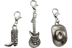 3pc in Set Cowboy Boot Zipper Pull, Cowboy Hat Clip-on Charm, Tiny Guitar Charm with Clasp