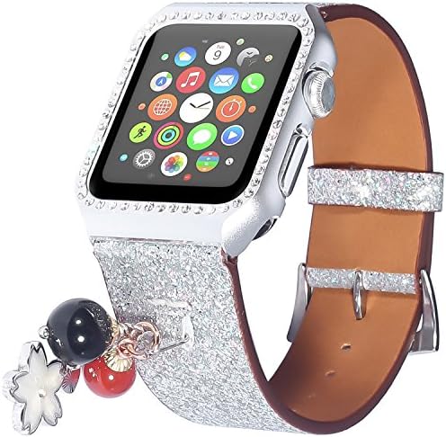 Tomazon Apple Watch Leather Band 38mm Fashion iWatch Replacement Strap Wristband with Bling Rhinestones Protective Cover Case for Apple Watch Series 3/2/1 Sport Edition Nike+, Silver