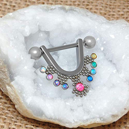 Nipple Shield Ring 14g - 316L Stainless Steel Nipple Bar - Nipple Barbell with Opal - Drop Nipple Ring - Fashion Piercing Jewelry