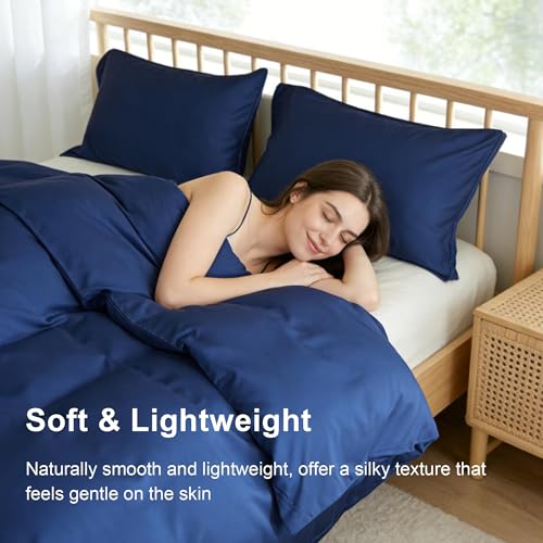 Simple&Opulence Duvet Cover Double Size 100% Viscose Derived from Bamboo, 3 PCS Pure Breathable Cooling Silky Soft Bedding for Hot Sleepers Moisture-Wicking Comforter Cover Set, Navy