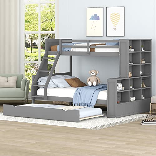 Merax Twin Over Full Bunk Bed with Trundle and Builtin Shelves, Solid