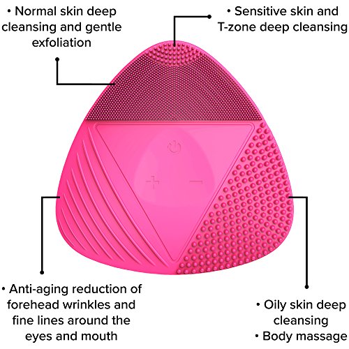 Silicone Sonic Facial Cleansing Brush - Anti Aging Beauty Massager for Normal, Sensitive, Combination Skin. Best Deep Cleaning Exfoliating Scrubber & Waterproof Rechargeable Face Mask Cleanser. PINK