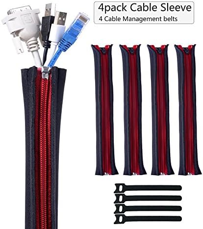 Zepthus Cable Management Sleeve, 4 Pack Cable Management Sleeve with zipper Fastening Cable Ties Cord Management System for TV / Computer / Home Entertainment,Cable Cord Sleeve Wrap Cover Organizer