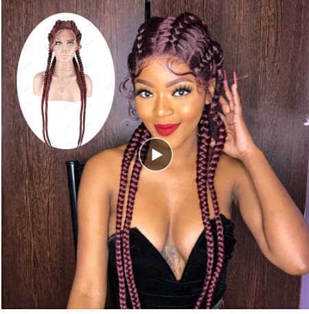 Wine Red 4X Twist Crochet Braids Hair Synthetic Braiding Lace Front Wig with Baby Hair Twist Braids High Temperature Fiber hair for Women RainaHair 30Inch