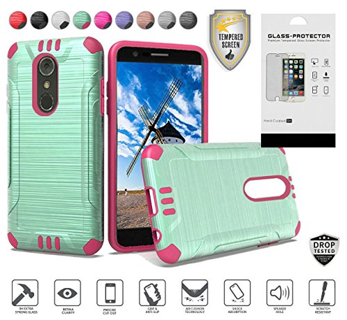 LG Stylo 4 Case, with Screen Protector Tempered Glass, Brushed Design Slim Hybrid Dual Layer [Shockproof] [Non-Slip] [Durable] Armor Defender Cover Case Accessory (Teal/Hot Pink)