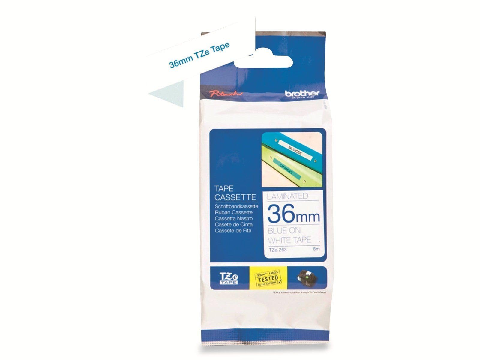 Brother TZe-263 Labelling Tape Cassette, 36 mm (W) x 8 m (L), Laminated, Brother Supplies - Blue on White