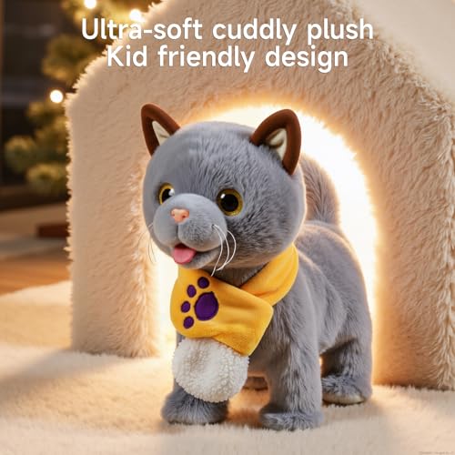 TUMAMA Walking Toy Cat with Remote Control Leash, Walking,Meowing, Shake Tail, Licking, Electric Interactive Stuffed Animal, Birthday Gift for Kids