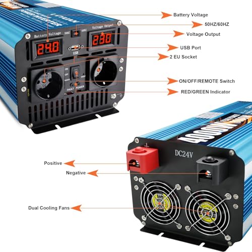 LVYUAN 24V 220V 4000W/8000W Pure Sine Inverter Transformer 2 EU AC Sockets, USB, Wireless Remote Control and LED Display for Solar Systems, Car, Camping, Travel
