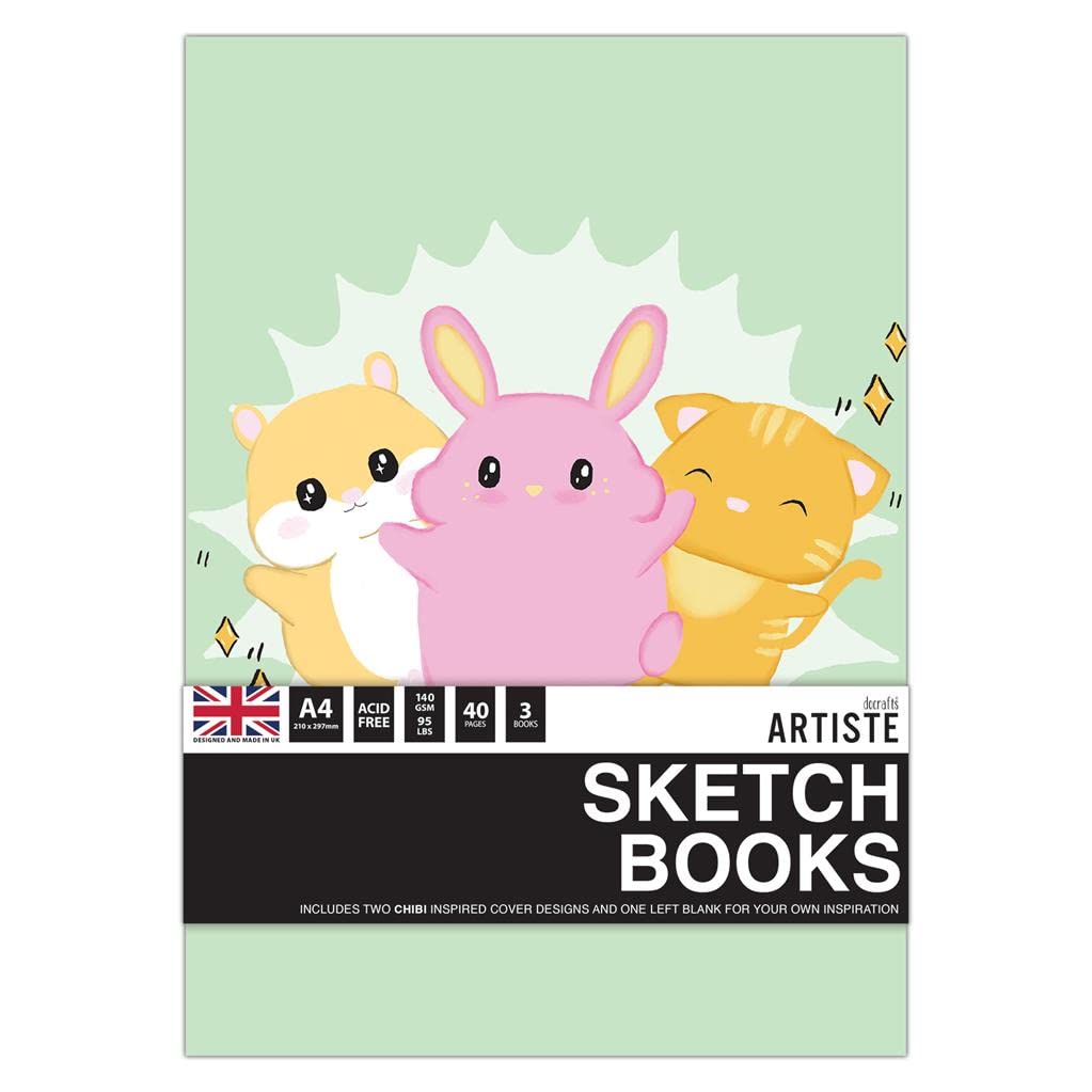 Docrafts Artiste A4 Sketchbooks - Chibi Notebooks - Pack of 3, for Drawing, Sketching, Doodling, Writing and Scrapbook Designs with Mixed Media, Pen, Ink, Painting and More