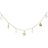 Gold Seashell Necklace, Stainless Steel Shell Necklace, Beach Becklace for Women,Dainty Starfish, Shell, Pearl and Feather Beach Charm Necklace Ocean Summer Beach Vacation, Type C