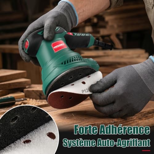HYCHIKA Ponceuse Excentrique, 6 Vitesses Variables 300W 13000RPM Ponceuse Orbitale, 12Pcs Disque Abrasif 125mm, Ponceuse Bois avec Collecte de Poussière pour le Polissage du Ponçage du Bois