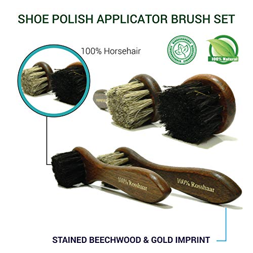 Valentino Garemi Shoe Care Brush Set - 2 Polishing Brushes, Cloth, 2 Applicators Brush - Genuine Horse Hair - Footwear Shine, Polish, Buff and Clean - Made in Germany
