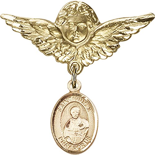 Gold Filled Baby Badge with St. Pius X Charm and Angel w/Wings Badge Pin 1 1/8 X 1 1/8 inches