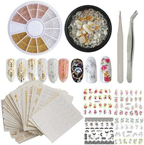 Gold Silver Nail Art Decoration Sticker, 3D Mixed Glass Resin Crystal Clear Rhinestones Stone, Gold Nail Beads wheel, Self-adhesive Water Transfer Stickers Decals Nail Jewelry Accessories (Bi012A)