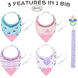 Tickles&Wiggles Organic Baby Bandana Bibs for Teething, Drooling Infant - Teether, Adjustable Snaps, Pacifier, Toy Tether