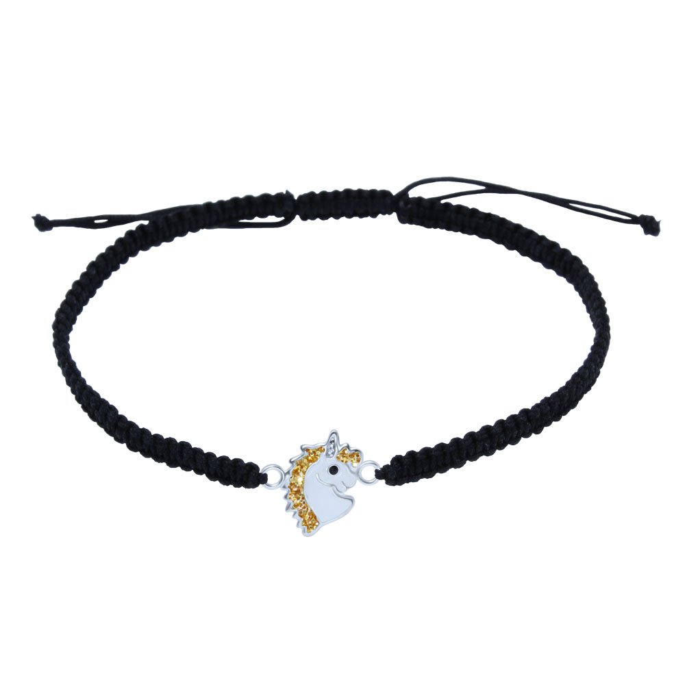 Unicorn Bracelet with Gold Glitter 925 Sterling Silver on black adjustable cord