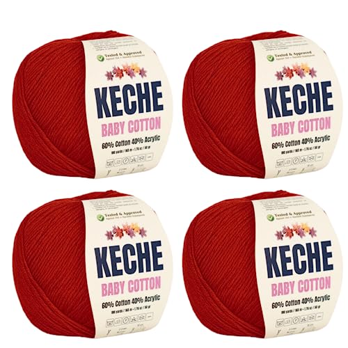 Keche Cotton Yarn, 60% Cotton 40% Acrylic Yarn, Soft Cotton Yarn for Crochet and Knitting, Amigurumi Yarn 4 Skeins/Balls [1.76 Oz (50g) / 180 Yrds (165m)] x 4 - Red