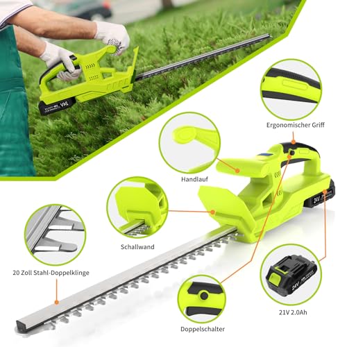 VOERJIA Hedge Trimmer Battery 21V, Cordless Electric Hedge Trimmer with 2 x 2000 mAh Batteries, 750 W Motor, Double Blade 50 cm, Electric Branch Cutter, Hedge Shears for Garden and Shrubs