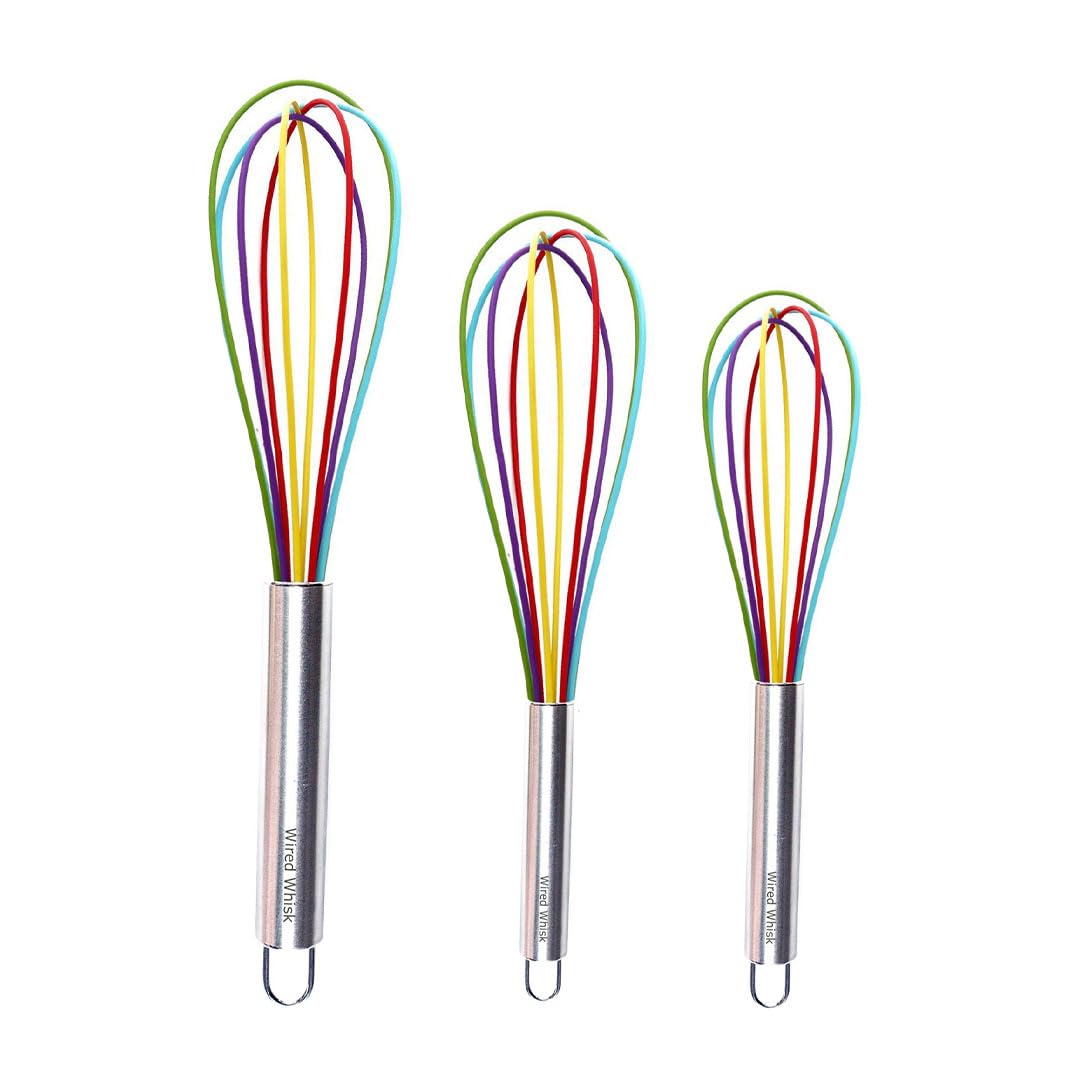Silicone Whisk Set of 3 - Silicone Whisks for Cooking Non-Scratch – Silicone Whisk Set - Hand Whisk - Wisk - Metal Whisk - Small Whisk - Mini Whisk - Stainless Steel Whisk - Cookware - Wisking tool