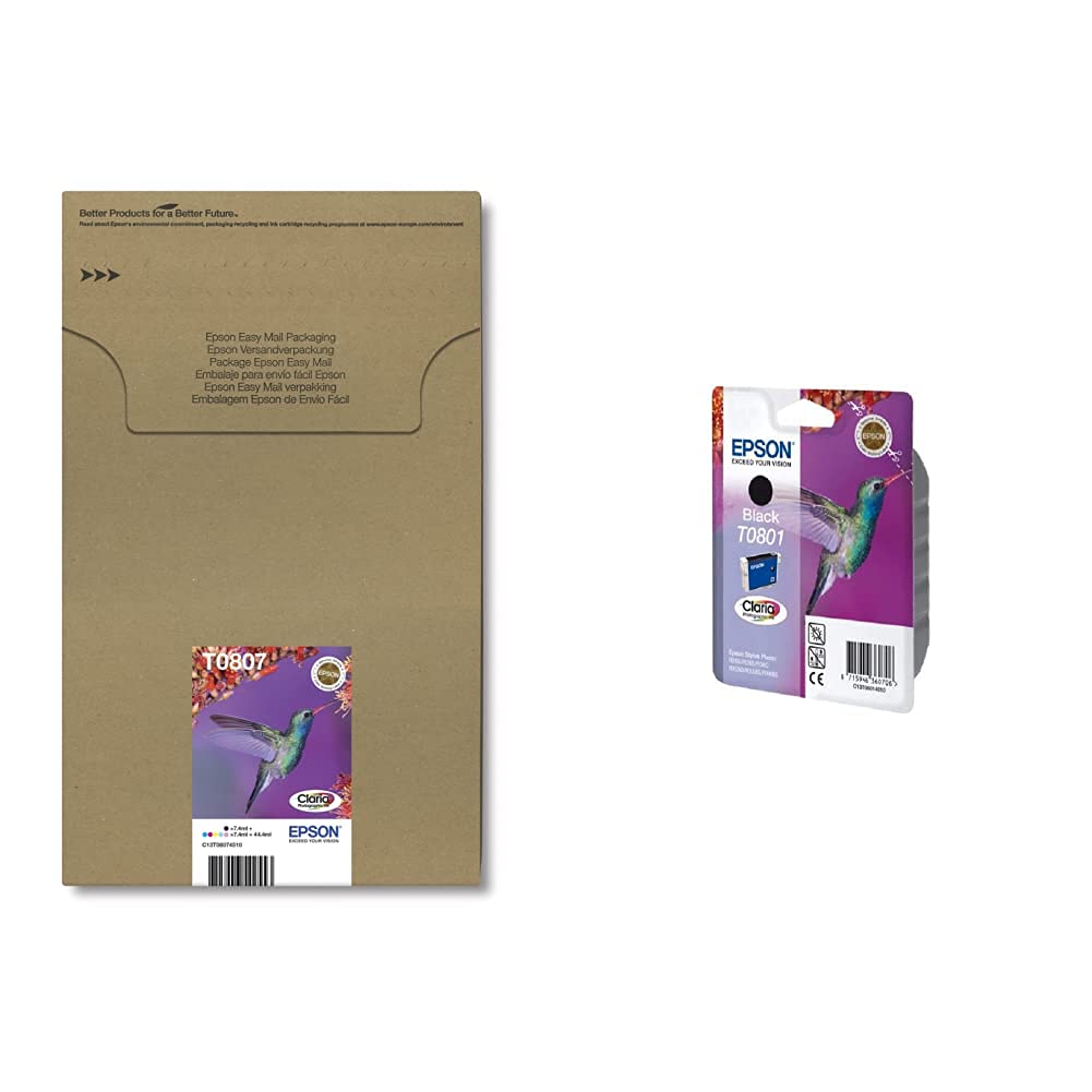 Epson Claria Photographic Ink, Six Colours, Multipack &C13T08014011 Original T0801 Claria Ink Cartridge, Black, Genuine