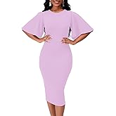 WanMem Womens Basic Bodycon Ruffle Flared Short Sleeve Pencil Midi Dress
