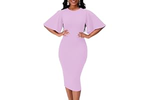 WANMEM Womens Bodycon Ruffle Flared Short Sleeve Work Midi Dress Business Office Casual Pencil Dress
