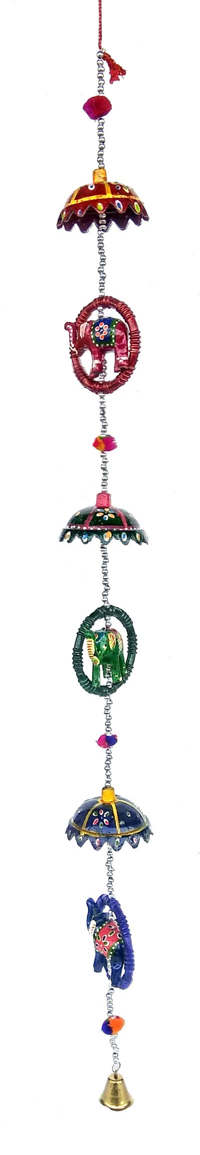 Rastogi Handicrafts Indian Door Hanging Ethnic Kalamkari Hand Painted Elephants Stringed Together In A Bangle With Chhatri Stringed Together With Beads And A Brass Bell Christmas Decoration