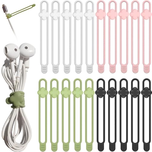 AFunCrafter Silicone Cable Ties - 20 PCS Travel Cord Organizer, Charger Wire Holder Wrap Keeper Electrical Management, Rubber Bands Office Supplies, Reusable Twist Straps for Phone USB
