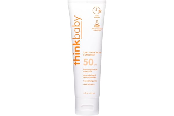 Thinkbaby SPF 50+ Baby Mineral Sunscreen – Safe, Natural Sunblock for Babies - Water Resistant Sun Cream – Broad Spectrum UVA/UVB Sun Protection – Vegan Baby Sunscreen Lotion, 3 Oz.
